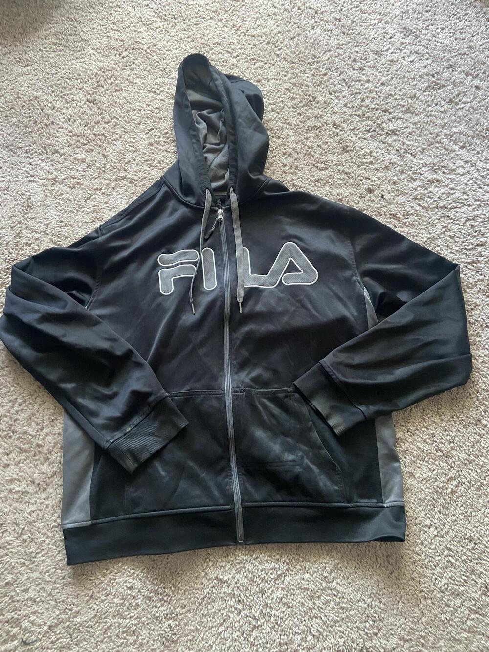 FILA Hoodie Mens XL Black Full Zip Fleece Big Logo Kangaroo Pockets Athletic